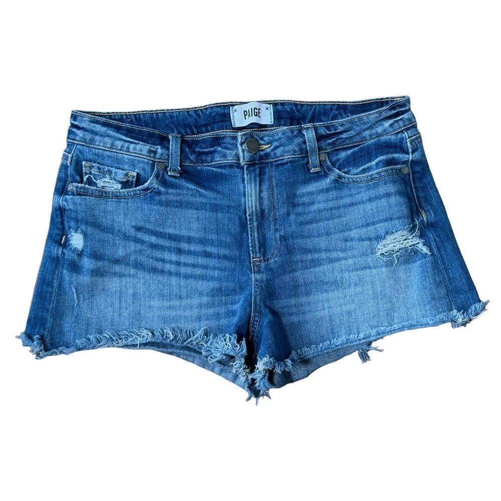 Paige Daryn Blue Denim Deconstructed Distressed Jean Shorts. 30.